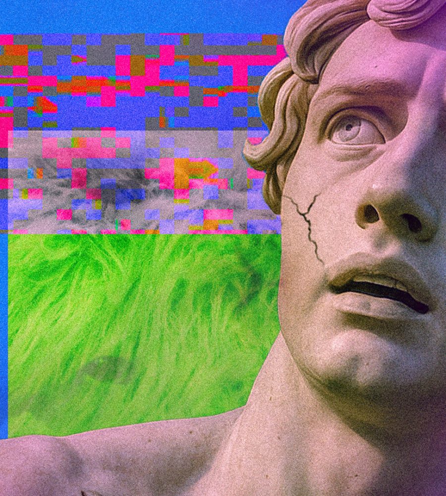 Surrealistisk bild med en marmorbyst som blickar uppåt